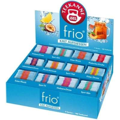 Abbildung von Teekanne Frio Collection Box mit 9 Sorten wie Himbeer Zitrone, Johannisbeere Pfirsich Maracuja, Rhabarber Kirsche, Sport Fit, Aktiv und Vital, insgesamt 180 Tee Beuteln (450g)
