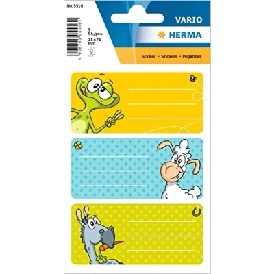 Abbildung von HERMA 5516 Buchetiketten zum Beschriften Witzfiguren, 9 Stück, 76 x 35 mm, selbstklebend, liniert, Buchaufkleber für Schule Kinder Mädchen Jungen, mehrfarbige Heftetiketten Aufkleber, bunt