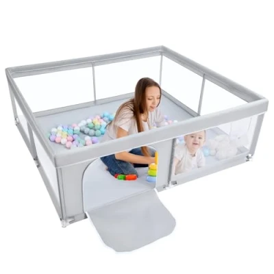 Abbildung von BEJOY Laufstall Baby Laufgitter 150 cm, Kompakt und Stark, Schaumstoffschutz, Rutschfester mit Transparentem, Atmungsaktivem Netz, Reißverschluss für Babys Kleinkinder, Indoor &amp; Outdoor