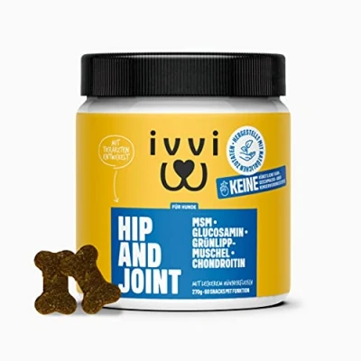 Abbildung von ivvi Hip &amp; Joint hochkonzentrierte Gelenktabletten für Hunde als Leckerli mit Grünlippmuschel Hund, Glucosamin, Chondroitin MSM 60 leckere Snacks (270g) Huhn