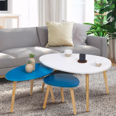 Abbildung von IDMarket Set mit 3 Couchtischen, Gaia, lackiert, Weiß / skandinavisches Blau