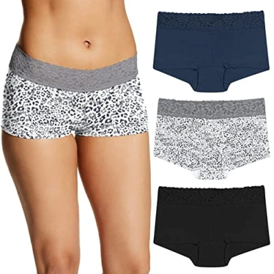 Abbildung von Maidenform Damen Underwear, Stretch Cotton Boyshort Panties for Women, Assorted, 3 Pack Slips für Jungen, Marineblau/Grau Daze/Schwarz, M (3er Pack)