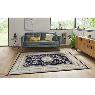 Abbildung von Nouristan Naveh Orient Teppich Wohnzimmerteppich Orientalisch Kurzflor mit Fransen Vintage Orientalischer Samt für Esszimmer, Wohnzimmer, Schlafzimmer Dunkelblau, 135x195cm