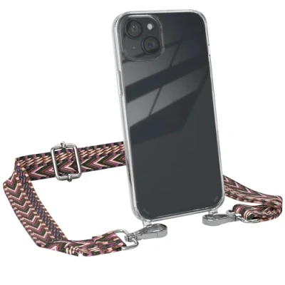 Abbildung von EAZY CASE Handykette mit verstellbarem Trageriemen für iPhone 15 Plus Taschengurt zum Wechseln transparenter Handyhülle Hülle dünner Schulterriemen in Beere Pink Silber