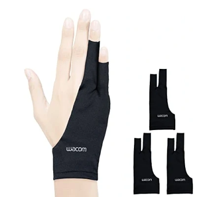 Abbildung von Wacom Zeichenhandschuh, Zwei Finger Künstler Handschuh für Zeichnungstablet Stift Display, 90% recyceltes Material, umweltfreundlich, Einheitsgröße (3er Pack), Schwarz