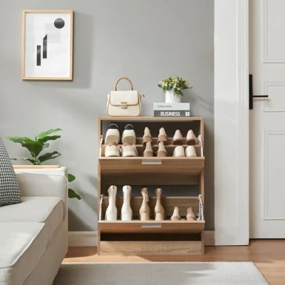 Abbildung von [en.casa] Schuhschrank Sykkylven Schuhkipper mit 2 Klappen Schuhkommode für 12 Paar Schuhe 81 x 63 24 cm Sonoma Eiche