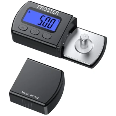 Abbildung von Proster Digital Tonarmwaage Digitale Turntable Stylus Force Scale Gauge Tester 0,01 5g LCD Hintergrundbeleuchtung Messgerät für Turntables Tonarm Phono mit Kalibrierung Gewichte (Schwarz)