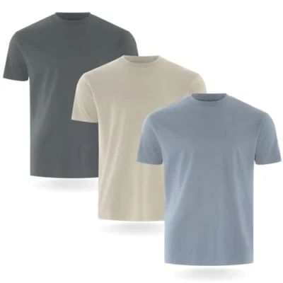 Abbildung von FM London Men&#039;s Herren (3/5er Pack) T Shirt, Stein, Denim, Schiefer (Packung mit 3 Stück), Medium