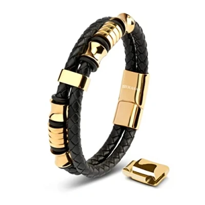 Abbildung von SERASAR Armband Gold Herren 17cm Männer Leder Armreif Lederband Herrenarmreif Armschmuck Schmuck Herrenschmuck Armkette Flecht Wickelarmband Kette Armbändchen