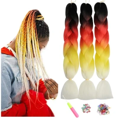 Abbildung von ShowJarlly Kanekalon Kunsthaar Haar, Haar Braids Extension, Ombre Jumbo Braid Haarverlängerung 24&quot;, Zöpfe Box Zum Einflechten Schwarz/Rot/Hellgelb/Weiß