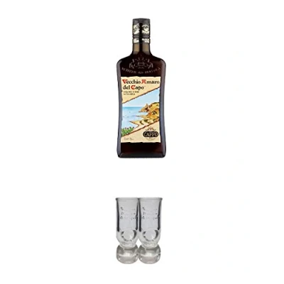 Abbildung von Caffo Vecchio Amaro del Capo Kräuterlikör aus Italien 0,7 Liter + Shot Gläser mit Eichstrich 2 Stück