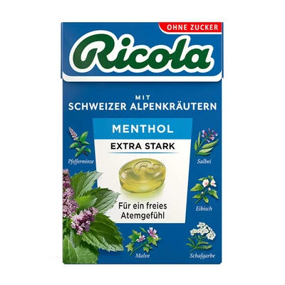 Abbildung von Ricola EXTRA STARK Menthol, 50g Böxli Original Schweizer Kräuter Bonbons mit 13 Alpenkräutern &amp; natürlichem zuckerfrei, 1 x 50g, vegan
