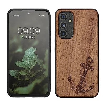 Abbildung von kwmobile Hülle kompatibel mit Samsung Galaxy A54 5G Holz Case Handy Cover TPU Handyhülle in Dunkelbraun Anker Vintage
