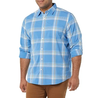 Abbildung von Amazon Essentials Herren Langärmeliges Hemd Aus Stretch Popeline Mit Normaler Passform, Hellblau Orange Karomuster, XL