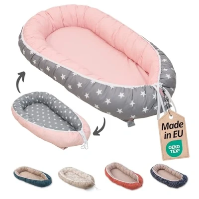 Abbildung von ULLENBOOM Babynest 100% OEKO TEX Materialien &amp; Made in EU, Rosa Grau Babynestchen Neugeborene aus kuscheliger Baumwolle, Ideal als Reisebett Kuschelnest geeignet
