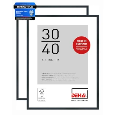 Abbildung von DEHA Design Bilderrahmen, 30 x 40 cm (2er Set), Aluminium, Schwarz matt, Fotorahmen zum Aufhängen im Hoch &amp; Querformat, bruchsicheres Kunstglas, Tribeca