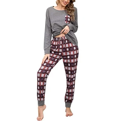 Abbildung von Doaraha Schlafanzug Damen Lang Pyjama Set aus Baumwolle Zweiteiliger Nachtwäsche Langarm Rundhals Sleepshirt und Karierte Pyjamahose Schlafanzüg für Herbst Winter
