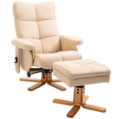 Abbildung von HOMCOM Relaxsessel mit Liegefunktion Massagesessel Fußhocker Fernsehsessel TV Sessel 145 Neigung Liegesessel Ergonomischer Stuhl 10 Vibrationpunkte Kunstleder Cremeweiß 80 x 86 99 cm
