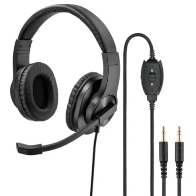 Abbildung von Hama PC Headset, Over Ear Kopfhörer mit Mikrofon (Headset Lautstärkenregler und verstellbarem Mikrofonarm, für Videokonferenzen, Homeoffice, Callcenter, eLearning, 2 Klinkenstecker 3,5mm) schwarz