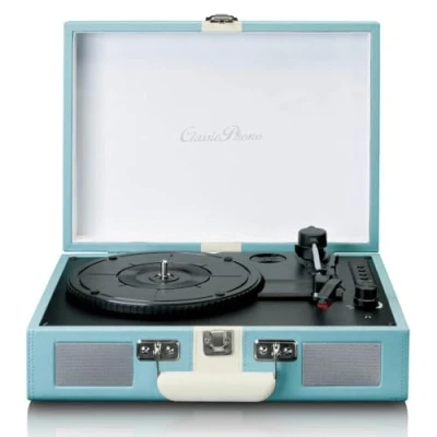 Abbildung von Lenco Classic Phono by TT 110 Plattenspieler Kofferplattenspieler 33, 45 und 78 RPM Bluetooth Riemenantrieb 2 Lautsprecher AUX IN, RCA Out, 3,5mm Blau/Weiß