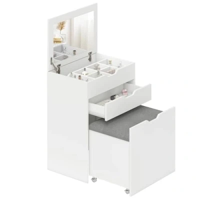 Abbildung von HOMCOM Schminktisch mit Hocker, Schminktischset, Kosmetiktisch Spiegel und Schubladen, Frisierkommode Kippschutz, Frisiertisch für Schlafzimmer, Weiß, 60 x 40 114 cm