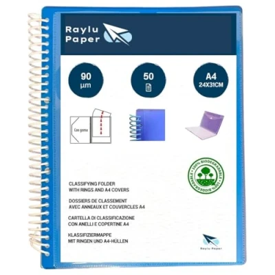 Abbildung von Raylu Paper® Sortiermappe mit Ringen A4 Klarsichthüllen 90 Mikron und Umschlag Klettverschluss, personalisierbarer Deckel, 100 % biologisch abbaubar. (50 Hüllen, Blau)