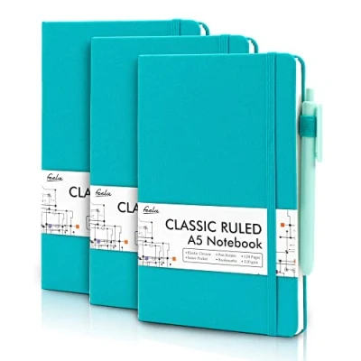 Abbildung von feela Notizbuch A5 liniert Hardcover, 3 Notizbücher Set, Journal Buch mit Gelstifte schwarz, 120 GSM, 13x21cm, Notizblock Set geeignet für Büro, Schule, Kinder und Erwachsene, Din A5, Emerald