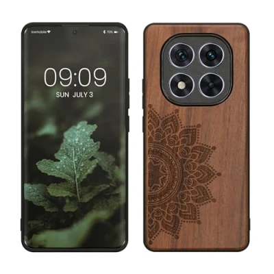 Abbildung von kwmobile Hülle kompatibel mit Xiaomi Redmi Note 14 Pro 5G / Poco X7 Holz Case Handy Cover TPU Handyhülle in Dunkelbraun Aufgehende Sonne