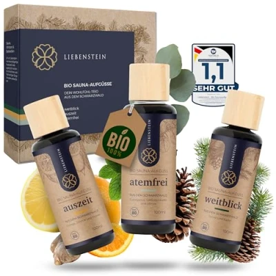 Abbildung von Liebenstein Sauna Aufgussset Wohlfühl Trio Duftöle mit 100% naturreinen Bio Ölen (erfrischendes Aufgussöl, 3 tlg) Saunaöle, Made in Germany