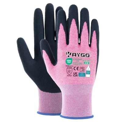 Abbildung von KAYGO 3 Paar Arbeitshandschuhe für Damen Atmungsaktiv Latex Beschichtete Frauen Gartenhandschuhe aus recyceltem Polyester, umweltfreundliche Schutzhandschuhe Haus Gartenarbeit (Rosa, M, Gr 8)