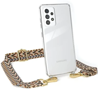 Abbildung von EAZY CASE Handykette Verstellbares Taschenband kompatibel mit Samsung Galaxy A52 / 5G A52s 5G, Schulterriemen, Handykordel Hülle, Umhängetasche, Hell Braun/Braun Endstücke Gold