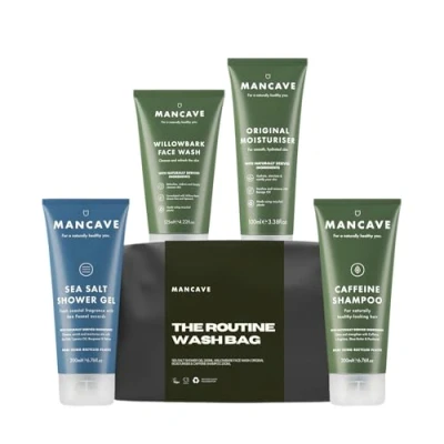 Abbildung von ManCave Essentials Kulturbeutel Herren Geschenkset Männer mit Duschgel Herren, Shampoo, Body Bar, Feuchtigkeitscreme, Gesichtspeeling und Waschgel, Umweltbewusst, Vegan, Hergestellt in GB