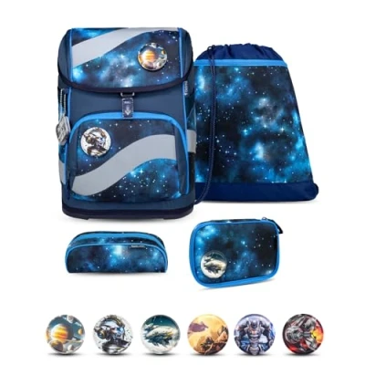 Abbildung von Belmil Smarty Schulranzen Set 5 teilig Galaxy Light mit Brustgurt, Hüftgurt, Magnetverschluss, Patch 6 Stück