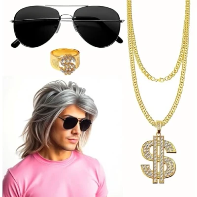 Abbildung von Kostümheld® Kostüm 4 in 1 Vokuhila Set mit Ring, Perücke, Goldkette, Brille Fasching, unisex