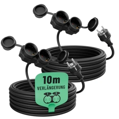 Abbildung von greate 2X 2fach Verlängerungskabel 10 Meter aussen außen wasserdicht IP44 2 Fach Mehrfachsteckdose Verlängerung für Aussenbereich 10m 3500 W, Outdoor Extension Cord Waterproof