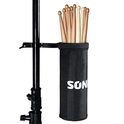 Abbildung von SONICAKE Drumstick Halter Tasche Beutel Nylon Trommelstock Stickhalter mit Aluminium Klemme für Drum Kits &amp; Notenständer bis zu 5 Paare Sticks