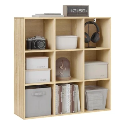 Abbildung von WOLTU Bücherregal mit 9 Fächern, Bücherschrank offen, Würfelregal, Raumteiler Regal, Standregal, Büroregal, für Wohnzimmer, Büro, Schlafzimmer, 94x93x29,5 cm, helle Eiche