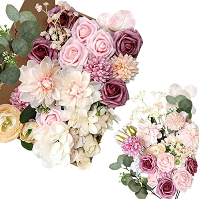 Abbildung von OrgMemory Seidenblumen, künstlicher Blumenstrauß, Blumen Combo Box, mit Stielen für DIY Blumenarrangements, Hochzeit Party Zuhause Babyparty Dekor (Champagner Altrosa)