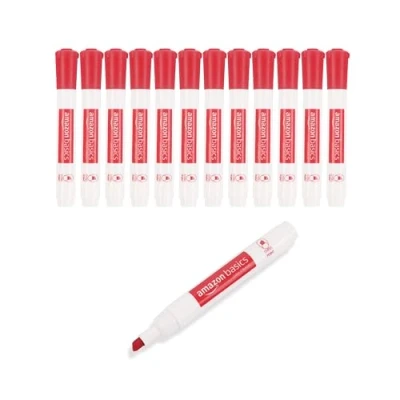 Abbildung von Amazon Basics Whiteboard Marker, geruchsarm, Keilspitze, trocken abwischbar, Rot, 12 Stück