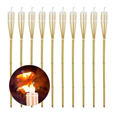 Abbildung von Relaxdays Gartenfackel 10er Set, Feuerfackel aus Bambus, HxD: 90 x 6 cm, nachfüllbare Ölfackel, mit Ersatzdocht, natur
