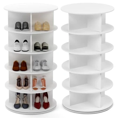 Abbildung von PTUWODS drehbares Schuhregal, 360 Grad Aufbewahrung, rundes Karussell, vertikale Handtasche, drehbar, Schuhschrank Organisation (Weiß, 5 Etage)