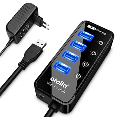 Abbildung von Atolla USB 3.0 Hub mit Strom versorgt, 4 Ports Steckdosenleiste individuellen EIN /Aus Schaltern inkl. Netzteil