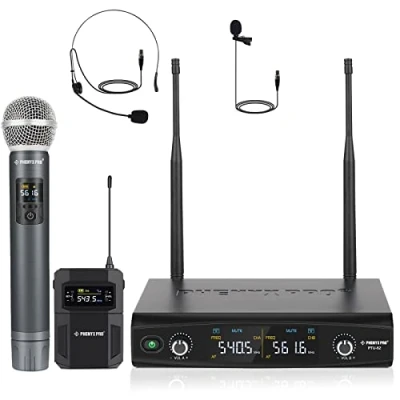 Abbildung von Phenyx Pro Kabelloses Mikrofon Set mit Handmikrofon/Bodypack/Headset/Lavalier Mikrofonen, 2x30 UHF Frequenzen, ideal für Gesang, Karaoke, Kirche, DJ (PTU 52B)