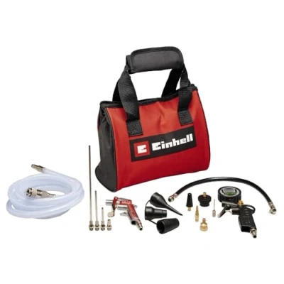 Abbildung von Original Einhell 15 tlg. Druckluftset m. Tasche (Kompressor Zubehör, inkl. 1x Ausblaspistole, digitaler Reifenfüller, 2,5 m Gewebeschlauch, 8x Adapter, Tasche)
