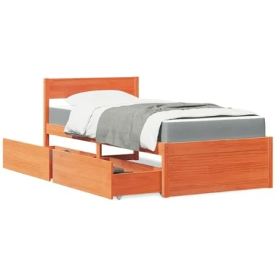 Abbildung von vidaXL Bett, Bettgestell mit Schubladen Taschenfederkernmatratze, Holzbett für Schlafzimmer, Einzelbett, Wachsbraun 100x200cm Massivholz Kiefer