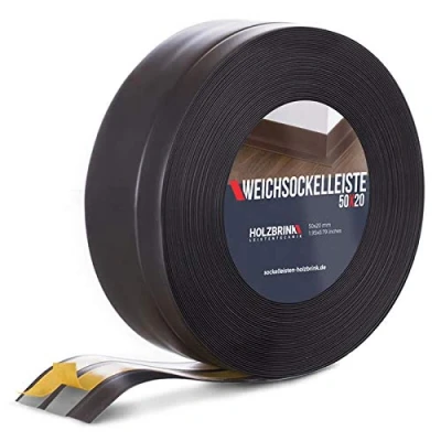 Abbildung von HOLZBRINK Sockelleiste PVC Weichsockelleiste selbstklebend 50x20mm Schwarz, 25m Rolle, Küchenabschlussleiste Arbeitsplatte, Fensterleiste, Fensterabdichtung