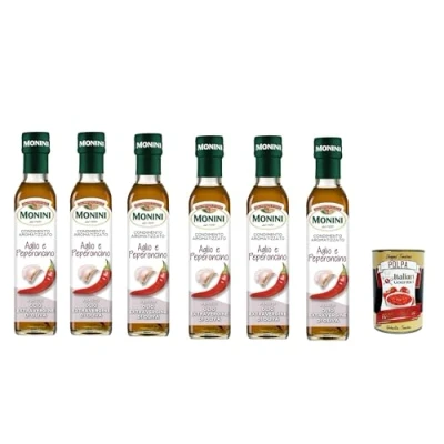 Abbildung von 6x Monini aromatisiertes Knoblauch und Chili Gewürz auf der Basis von nativem Olivenöl extra 250 Milliliter + Italian Gourmet polpa 400g