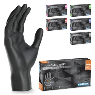 Abbildung von 500 Stück (5x100) ARNOMED Einweghandschuhe Schwarz, Einmalhandschuhe L, Nitril Handschuhe Einweg, Nitrilhandschuhe puderfrei, Gummihandschuhe Schutzhandschuhe in XS, S, M, XL, XXL
