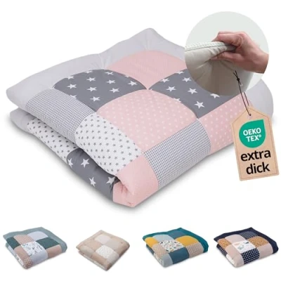 Abbildung von ULLENBOOM Krabbeldecke für Baby 120x120 cm, 100% OEKO TEX Materialien, Made in EU, Dick &amp; weich gepolstert, Rosa Grau ideal als Babydecke Spieldecke