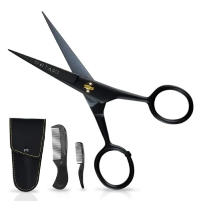 Abbildung von ONTAKI Professionelle Bartschere aus deutschem Stahl, 12,7 cm, Herren Schnurrbartschere mit Bartkamm und Tragetasche, handgeschmiedete, abgeschrägte Kante, Präzisions Gesichtsbehaarung Schwarz